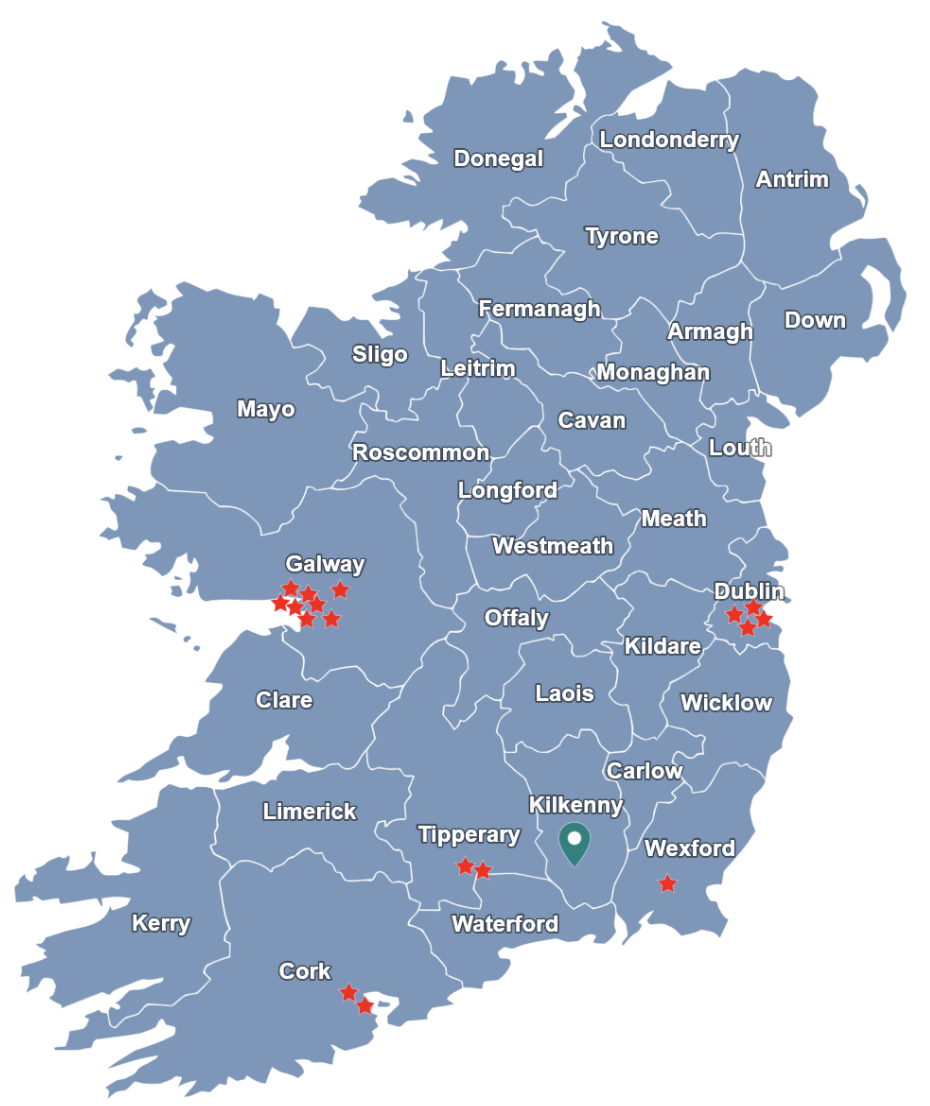 Map of Ireland showing Device Quality office in Kilkenny and client locations across the country